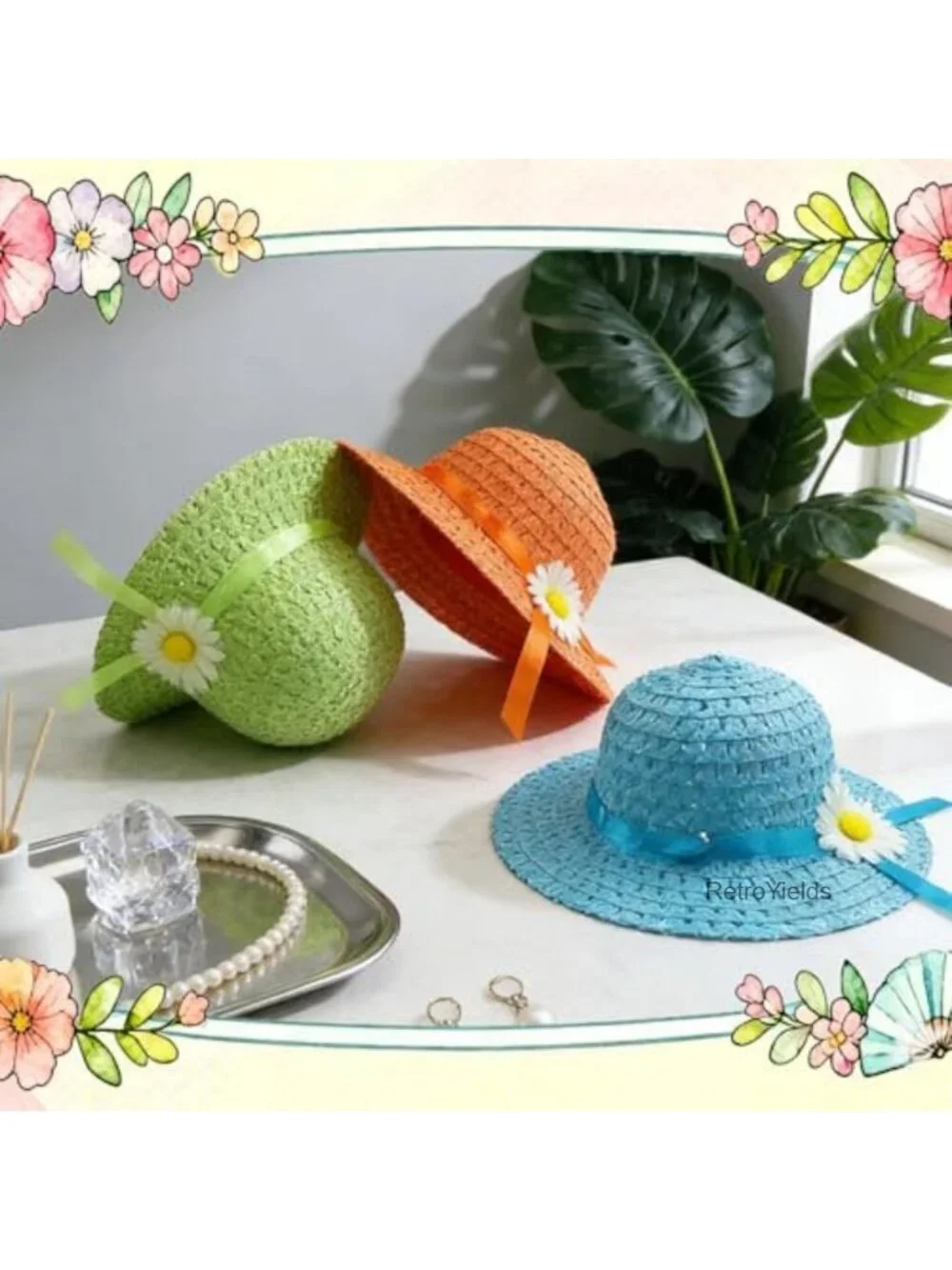Girls Straw Sun Hat & Purse Set - 6 Pack Kids Tea Party Birthday Gift